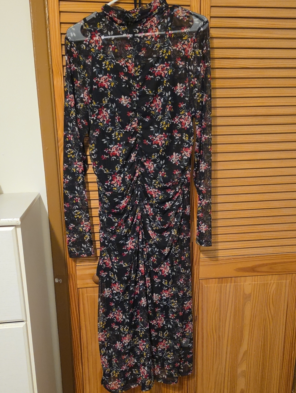 INC International Concepts Black Floral Ruched Long Sleeve Midi Dress
